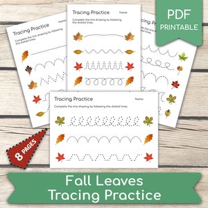 Puede incluir: Un conjunto de hojas de práctica de trazado imprimibles con hojas de otoño. Cada hoja tiene líneas punteadas para trazar, con ilustraciones de hojas coloridas. El texto "Tracing Practice" y "Fall Leaves Tracing Practice" son visibles.