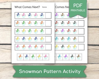 COSA SUCCEDE DOPO? Foglio di lavoro sul pupazzo di neve, attività con motivi, scuola materna educativa, asilo nido, istruzione parentale, pagine di libri attivi, PDF stampabile