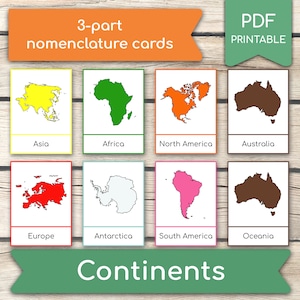 Tarjetas Montessori de Continentes, Tarjetas de Continentes, Tarjetas de 3 Partes, Tarjetas Flash de Nomenclatura, Tarjetas de 3 Partes de Continentes, Aprender Continentes