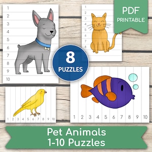 Pet Animals 1-10 Puzzles, Pet Animals Activity, Toddler Number Puzzles, Puzzles for Kids, Number Sequence, Busy Book Pages, Pdf Printables