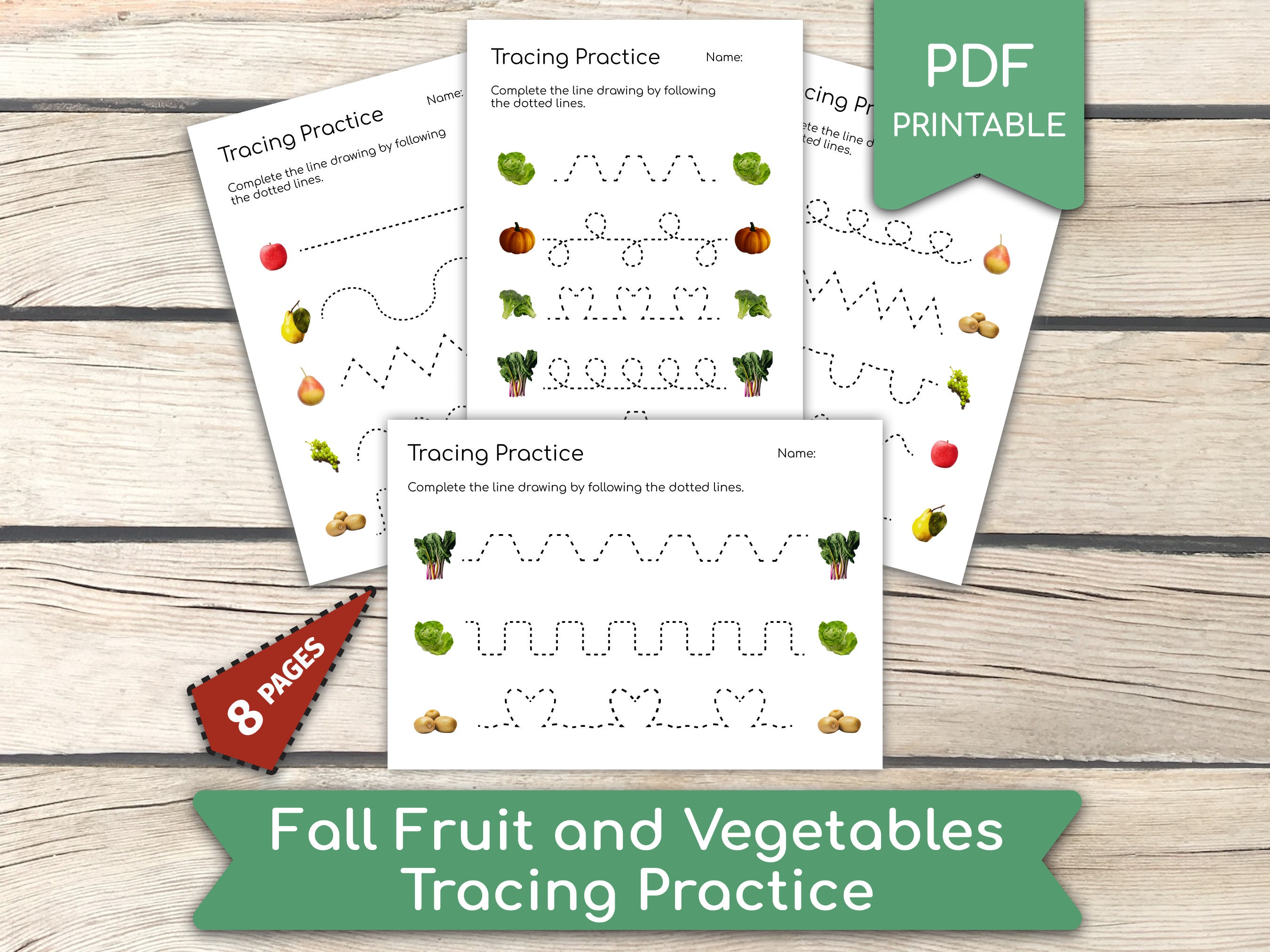Preschool Line Tracing Practice, Fall Fruits and Vegetables Pre-Writing Activities • 8 Pages, Preschool Handwriting, Homeschool Activities
