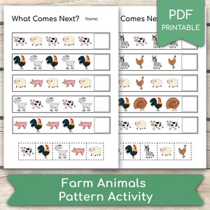 Op de afbeelding: Printbare werkbladen met boerderijdierpatronen voor kinderen. Het werkblad heeft twee kolommen met zes rijen boerderijdierpatronen. Elke rij toont een ander patroon van boerderijdieren, zoals koeien, schapen, varkens, geiten, hanen en kalkoenen. Het werkblad is getiteld "What Comes Next?" en "Comes Next".