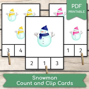 May include: Printable snowman count and clip cards.  Each card features a snowman with different colored hats and scarves.  The numbers 1, 2, 3, and 4 are printed on the cards.
