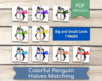 以下が含まれることがあります： カラフルなペンギンの半分マッチングゲーム。画像には、さまざまな色のスカーフと帽子をかぶった漫画のペンギンが描かれた、一致するカードのペアがいくつか表示されています。カードは木製の背景にあります。画像には「Big and Small Cards 7 PAGES」と「Colorful Penguin Halves Matching」と書かれています。