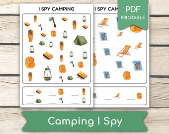 May include: A printable I Spy game with camping themed images. The game has two pages, each with a grid of images. The first page has images of a tent, lantern, sleeping bag, backpack, matches, axe, and a map. The second page has images of a beach chair, backpack, and a map. The text "I Spy Camping" and "I Spy Cam" is at the top of each page. The text "PDF Printable" is at the top right corner of the page.