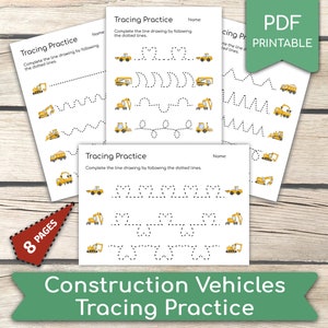 Op de afbeelding: Afdrukbare oefenbladen met bouwvoertuigen om te traceren. De oefenbladen hebben stippellijnen die kinderen kunnen traceren. De titel van de oefenbladen is "Construction Vehicles Tracing Practice".