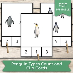 Contando tipos de pingüinos (1 a 10), Tarjetas Montessori, Actividad de conteo preescolar, Actividad de aprendizaje en casa, Tarjetas de clip imprimibles en PDF