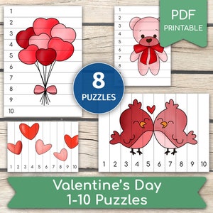Può includere: Puzzle di San Valentino stampabili per bambini. Otto puzzle con un orsacchiotto, cuori e uccelli. Ogni puzzle ha 10 pezzi.