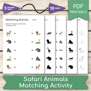 Safari Animals Matching Game: Preschool Kindergarten Activity (PDF Printables)