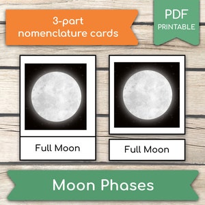 Moon Phases Cards, Moon Phases 3 Part Cards, 3-Part Cards, Nomenclature FlashCards, Moon Phases For Preschool, Learn Moon Phases