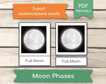 Tarjetas de 3 partes sobre las fases lunares: Tarjetas didácticas Montessori (PDF imprimible)