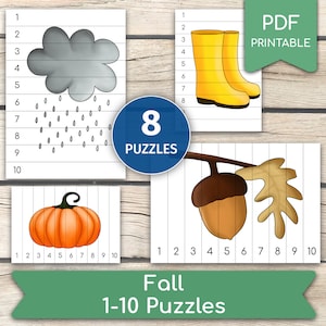 Peut inclure: Huit puzzles imprimables de 1 à 10 avec des images sur le thème de l'automne, notamment une citrouille, un nuage de pluie, un gland et des bottes de pluie. Les puzzles sont conçus pour que les enfants apprennent les nombres et s'entraînent à la motricité fine.