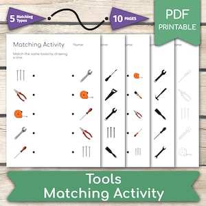 Op de afbeelding: Een printbaar PDF-werkblad met 10 pagina's met matching-activiteiten voor kinderen. Het werkblad bevat 5 verschillende soorten gereedschap, waaronder een hamer, schroevendraaier, tang, spijkers en een meetlint. Het werkblad is ontworpen om kinderen te helpen leren over gereedschap en hoe ze te gebruiken.
