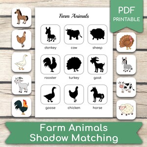 農場の動物の影絵マッチングゲーム、農場の動物のワークシート、マッチングアクティビティ、幼稚園の教育、忙しい本のページ、PDF 印刷可能