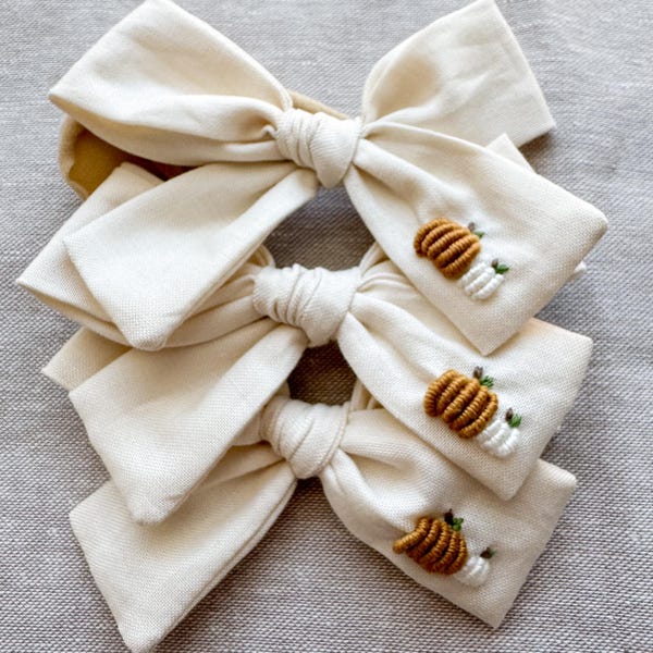 Embroidered Pumpkin Nylon Baby Bow, Thanksgiving Bow, Infant Pumpkin Bow, Halloween Pumpkin Bow, Baby Embroider Headband, Embroider Girl Bow