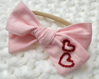 Embroidered Valentine Hearts Nylon Baby Bow, Heart Bow, Infant Valentine Heart Bow, Hearts Bow, Embrodiers Hearts Bow, Bow with Hearts