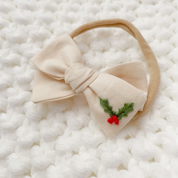 Embroidered Holly Nylon Baby Bow, Christmas Bow, Infant Holly Bow, Xmas Bow, Baby Embroider Headband, Embroider Girl Bow, X mas Holiday Bow