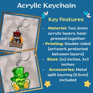 May include: Acrylic keychain featuring two 2mm layers heat-pressed together with double-sided printing. One design shows a cat in a red beanie with a coffee cup, the other a green skull in a top hat with beer mugs. Includes a metal split keyring.