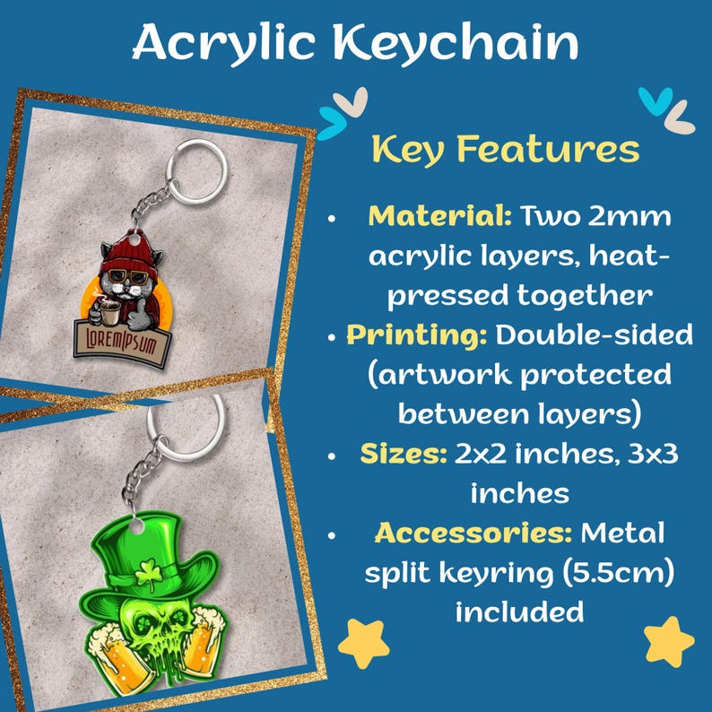 May include: Acrylic keychain featuring two 2mm layers heat-pressed together with double-sided printing. One design shows a cat in a red beanie with a coffee cup, the other a green skull in a top hat with beer mugs. Includes a metal split keyring.