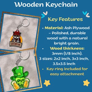 May include: Two ash plywood keychains with metal rings. One features a cat in a red beanie holding a coffee mug with the text LOREM IPSUM. The other shows a green skull wearing a top hat with shamrocks, flanked by two beer mugs. Thickness is 1/8 inch.