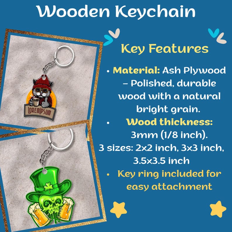 May include: Two ash plywood keychains with metal rings. One features a cat in a red beanie holding a coffee mug with the text LOREM IPSUM. The other shows a green skull wearing a top hat with shamrocks, flanked by two beer mugs. Thickness is 1/8 inch.
