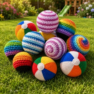 May include: A selection of brightly coloured, crocheted balls. The balls display a range of patterns, including stripes and spirals, and feature colours such as red, yellow, blue, green, and purple. The balls are arranged on a bed of green grass, creating a vibrant display.