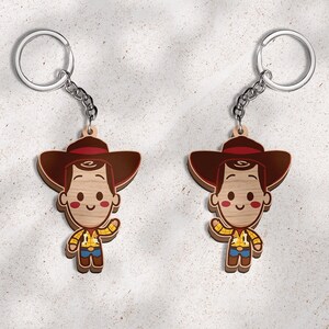 May include: Two identical wooden keychains featuring a cartoon cowboy character with a brown hat, a yellow patterned shirt, blue pants, and brown boots. Each keychain includes a silver metal split ring attached by a short silver chain.