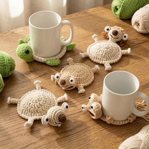 Puede incluir: Un conjunto de posavasos de ganchillo hechos a mano con forma de tortugas y otros animales de dibujos animados. Los posavasos son de color verde, beige y blanco, con tazas de cerámica blancas encima. Hay ovillos de lana esparcidos.
