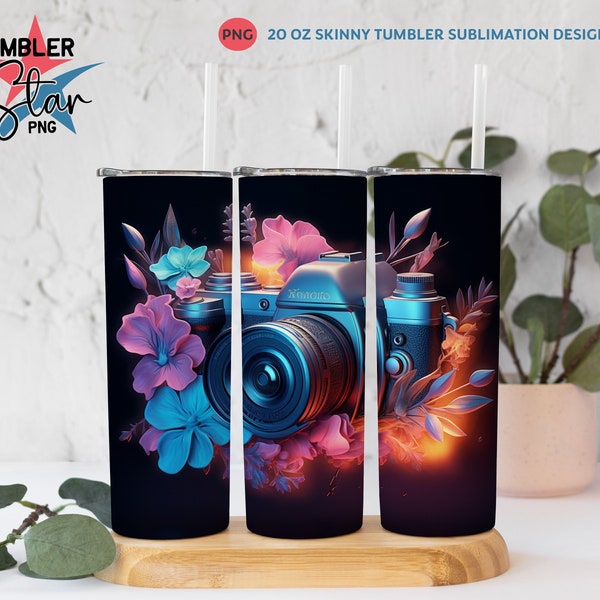 3D Neon Photographer Camera 20 oz Skinny Tumbler Wrap PNG Sublimation Design 20oz Tumbler Wrap Design Tumbler PNG Digital Download