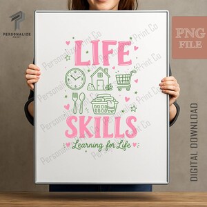 May include: A rectangular poster featuring the pink text LIFE SKILLS and green text Learning for Life. Icons include a clock, house, shopping cart, fork, spoon, and laundry basket, accented with small pink hearts and green stars on a white background.