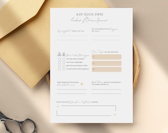 May include: A printable worksheet with the title "Auf Euch Zwei" and the text "Liebes Paar" in a light brown font. The worksheet is designed to help couples learn more about each other. It includes questions about their favorite things, their love language, and their hopes for the future.