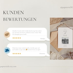 May include: A promotional image for a stationery shop, featuring customer reviews and a 'Save the Date' card. The card has a black and white photo and is accompanied by an envelope and dried flowers. The shop's Etsy address is displayed.
