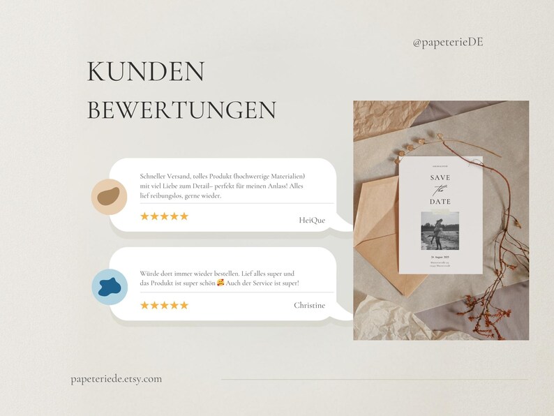 May include: A promotional image for a stationery shop, featuring customer reviews and a 'Save the Date' card. The card has a black and white photo and is accompanied by an envelope and dried flowers. The shop's Etsy address is displayed.