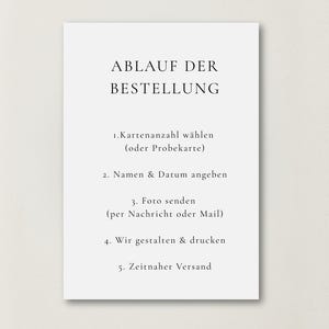 May include: A white rectangular card with black text detailing the ordering process. The text includes steps such as selecting the number of cards, providing names and dates, sending a photo, and printing.