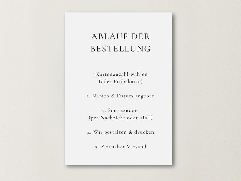 May include: A white rectangular card with black text detailing the ordering process. The text includes steps such as selecting the number of cards, providing names and dates, sending a photo, and printing.