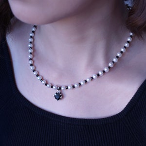 Black Onyx and Freshwater Pearl Necklace With Black Onyx Pendant – Boho Handmade Choker for Women. Retro Style. Halloween Jewelry