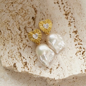 Heart Baroque Pearl Earrings: 18K Gold Plated Sterling Silver