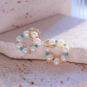 Dainty Pearl Hoop Earrings – Gold-Plated Hoops with Petite Freshwater Pearls. Art Deco Pearl Hoop Earrings. Wedding Jewelry • Bridal Gift