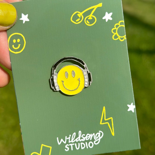 Smiley Headphones Cold Enamel Pin | Enamel Pin | Handmade Pin | Smiley Face Pin | Music Pin | Cute Pin