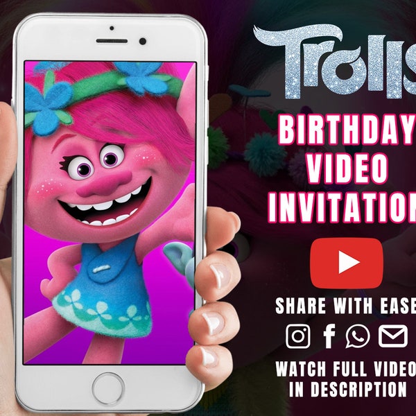 Trolls Poppy Video Invitation, Trolls invite, Trolls invitation, Trolls Birthday Invitation, Video birthday Invitation.