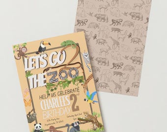 May include: A yellow and brown invitation with a jungle theme. The invitation says "Let's Go to the Zoo" with a large number 2. The invitation is for Charles's 2nd birthday party. The invitation includes the date, time, and address of the party.