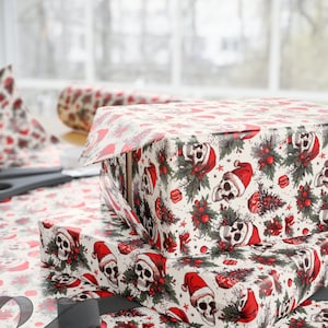 Xmas Skulls Wrapping Paper Skeletons Wearing Christmas Santa Hats Gift Wrap for the Holidays