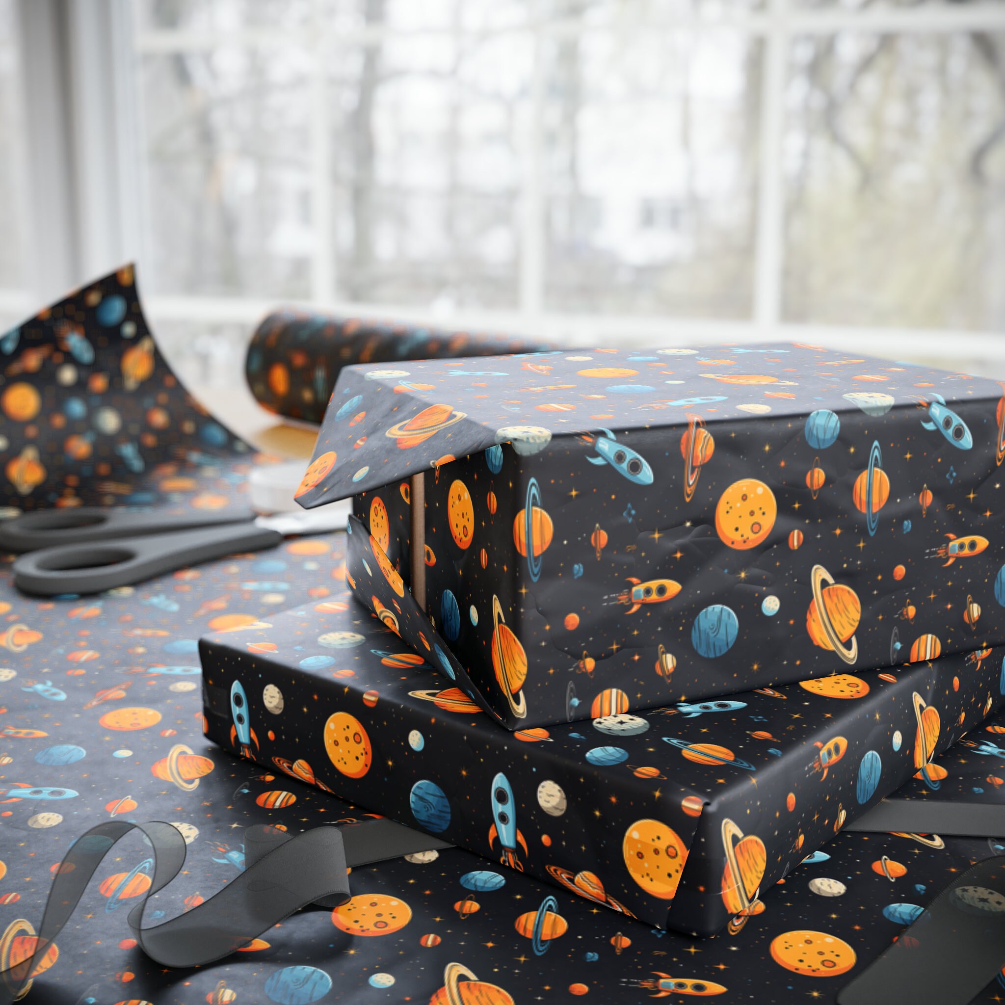 Rocket Ships Planets and Stars Space Themed Birthday Gift Wrap Galaxy ...