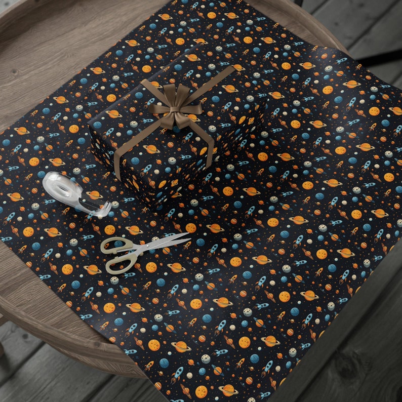 Rocket Ships Planets and Stars Space Themed Birthday Gift Wrap Galaxy ...