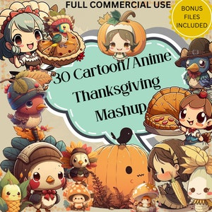 Cute Thanksgiving Clipart illustrations, Anime/Cartoon Turkey Clipart Mashup, Instant Digital Download, PNG Files, Bonus Files Included