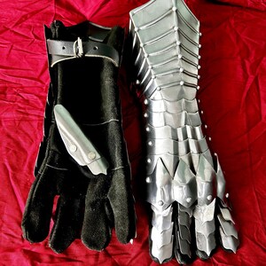 May include: A pair of medieval-style gauntlets, one made of black leather and the other of metal with a scaly design. The metal gauntlet has a pointed fingertip design.