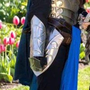 K&ouml;nnte beinhalten: Eine Frau in einem blau-schwarzen Kost&uuml;m mit silberner R&uuml;stung, einem blauen Band und braunen Stiefeln. Sie steht in einem Garten mit gr&uuml;nem Gras und rosa Blumen.