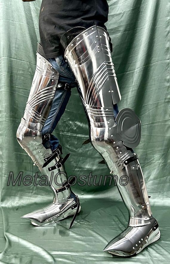 Medieval Gothic Full Leg Guards 18 Gauge Steel Knight Armor For LARP And Cosplay Costume