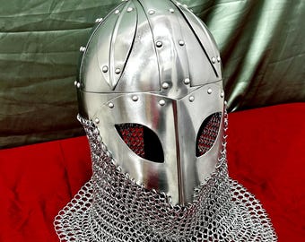 Medieval Viking Vendel Helmet with Chainmail – Handcrafted Steel Warrior Armor Historical Norse Gear
