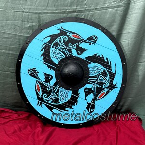 Handcrafted Viking Round Shield - Wooden Nordic Shield with Dragon Artwork for Cosplay & Display